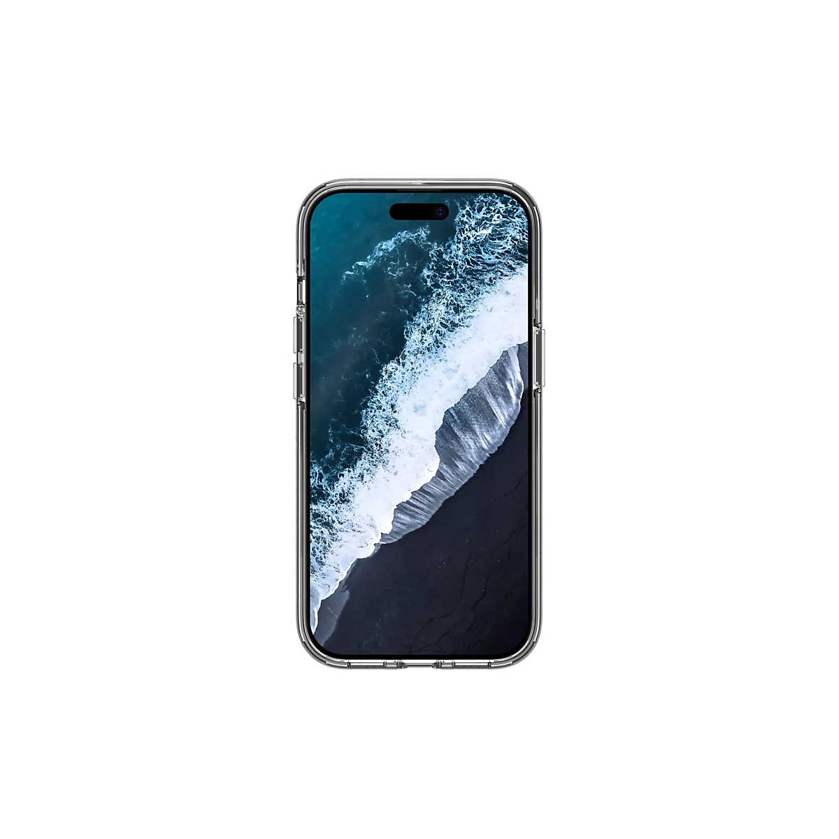 Smartphone dans un étui de protection transparent. L'écran affiche un paysage marin avec des vagues et du sable noir.