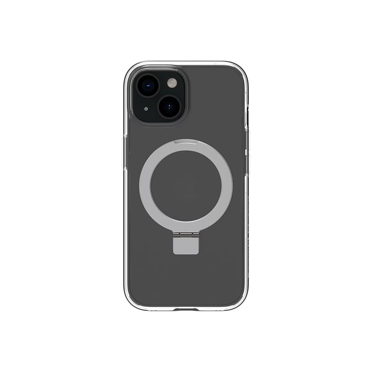 Une coque de téléphone transparente avec un anneau MagSafe intégré. Le dos est gris, les bords transparents.