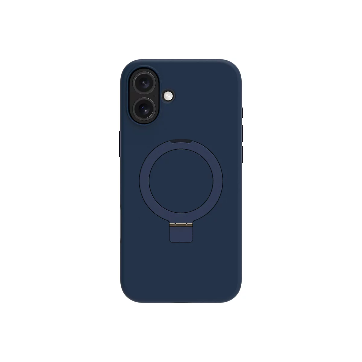 Coque de téléphone bleu foncé avec anneau et support intégrés sur fond blanc. Deux lentilles de caméra en haut.