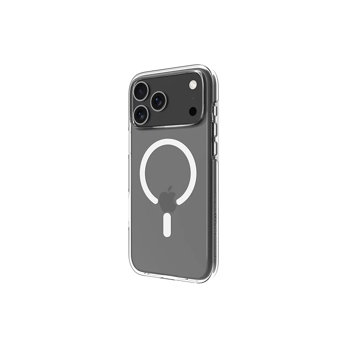 Ein transparentes iPhone-Case mit einem weißen Apple-Logo und einem Magnetring auf der Rückseite. Die Kamera ist sichtbar.
