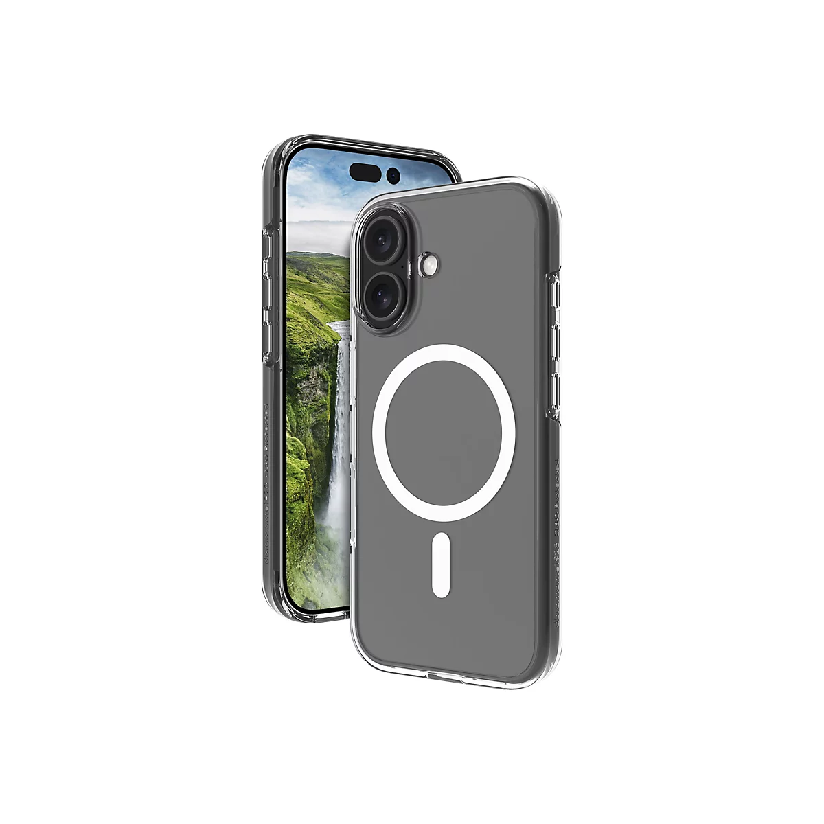 Ein iPhone in einer transparenten Schutzhülle, die mit einem Magnetring und einem vertikalen Streifen versehen ist.