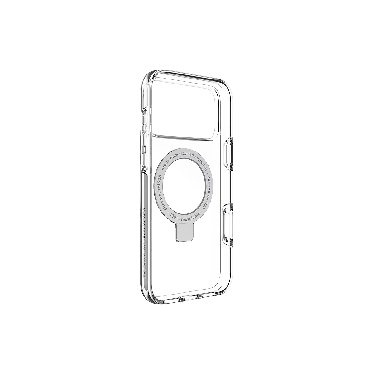 Transparente Handyhülle mit rundem, silbernen Element. Aufgedruckt sind Schriftzüge: "made from recycled materials", "dramante1928" und "100% recyclable".