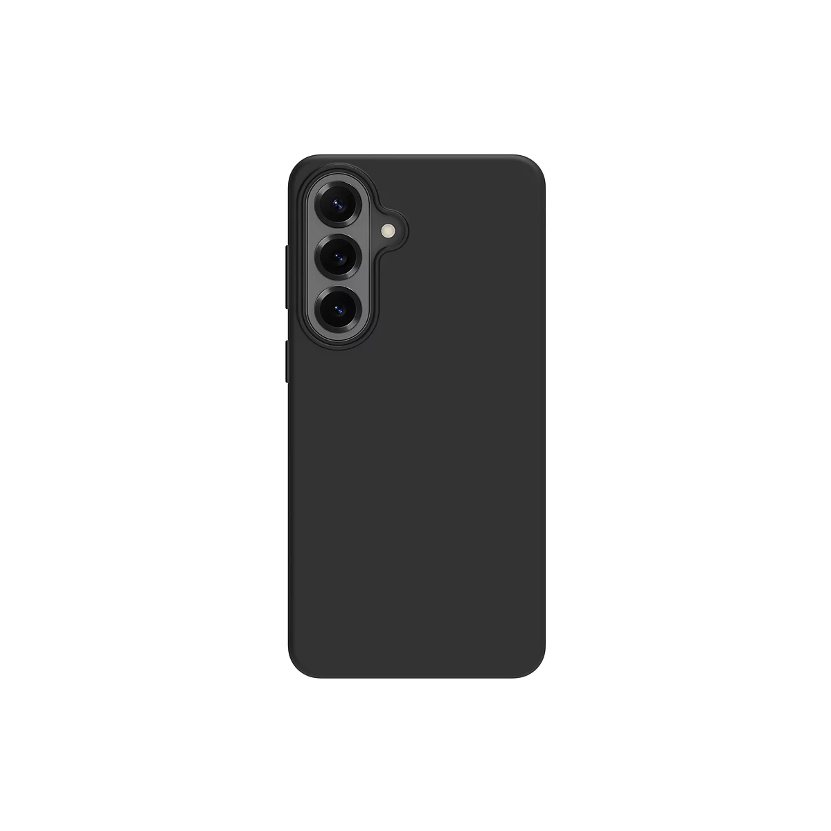 Schwarzes Smartphone mit Schutzhülle, Rückseite mit drei Objektiven und Blitz.