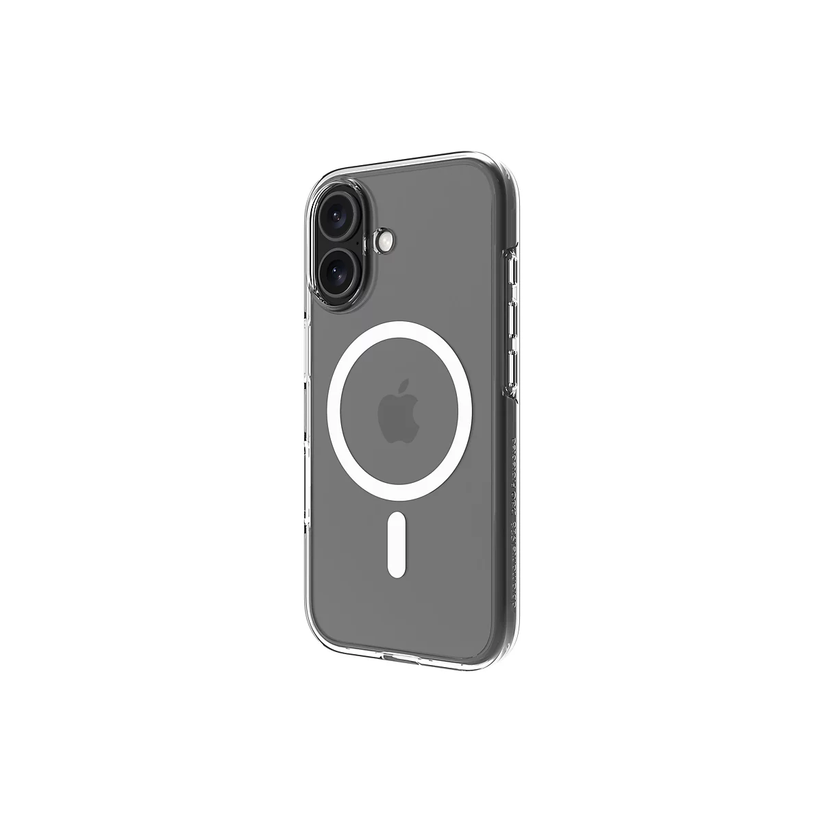 Durchsichtige Handyhülle mit Magnetring und Apple-Logo. Die Kamera und Tasten sind ausgespart. Der Hintergrund ist weiß.