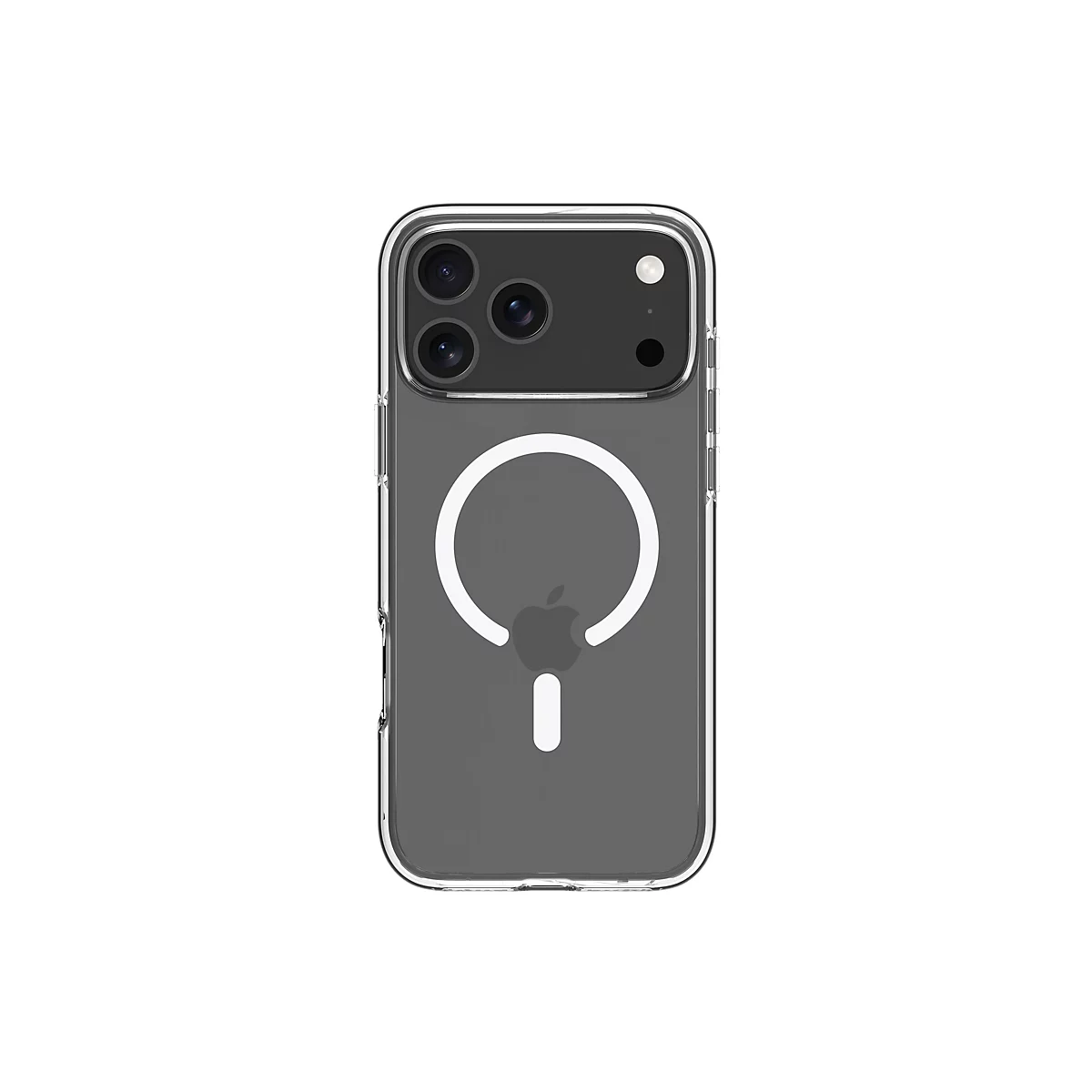 Durchsichtige Handyhülle mit Kameraausschnitt und weißem MagSafe-Kreis auf weißem Hintergrund.