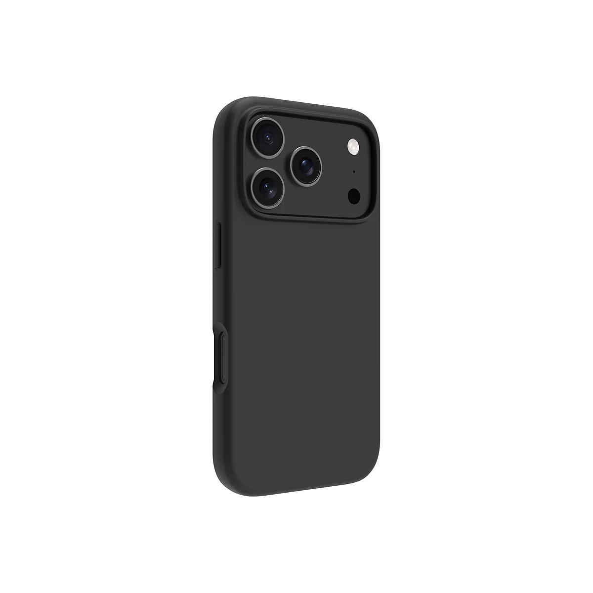 Schwarze Handyhülle für ein Smartphone mit Kameraausschnitt und seitlichen Knöpfen, vor weißem Hintergrund.