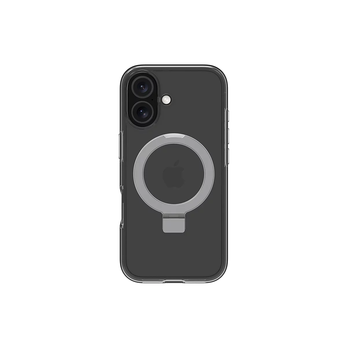Ein iPhone-Case in Grau mit silbernem MagSafe-Ring und Ständer, der ein Apple-Logo zeigt.
