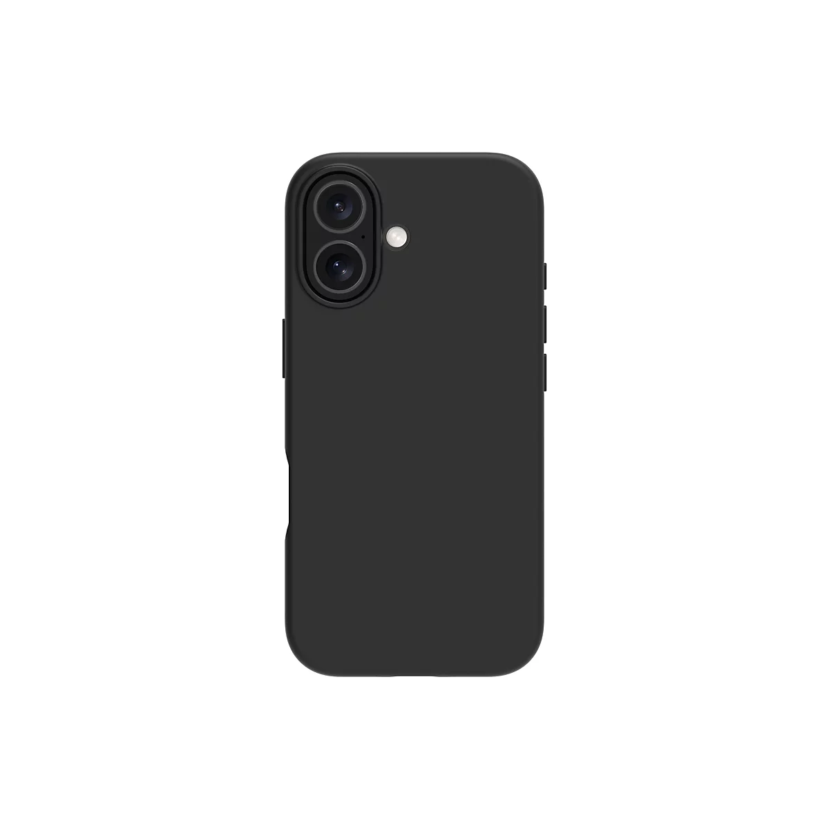Schwarzes Smartphone-Case mit zwei Kamera-Linsen und Blitz. Die Hülle umrandet das Smartphone. Der Hintergrund ist weiß.