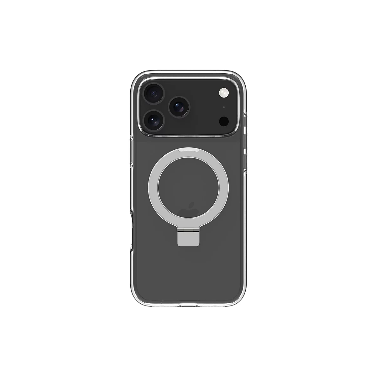 Ein durchsichtiges Handycase mit Magnetring auf weißem Hintergrund. Der Fokus liegt auf dem Case, die Kamera ist zu sehen.