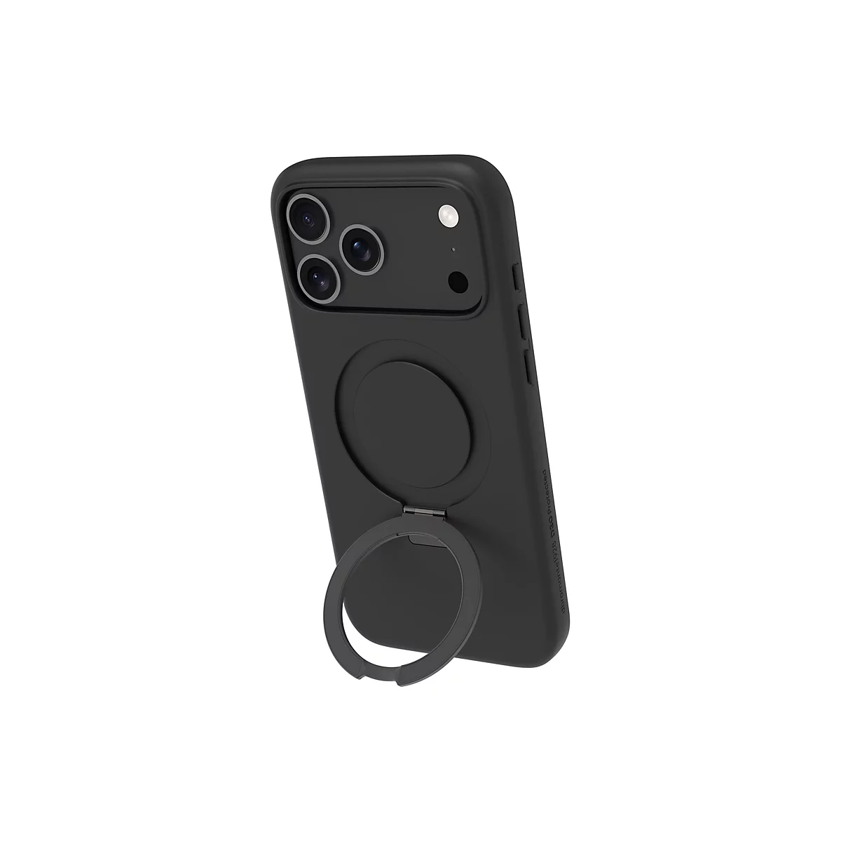 Schwarze Smartphone-Hülle mit Kameraausschnitt und aufklappbarem Ringhalter, vor weißem Hintergrund.