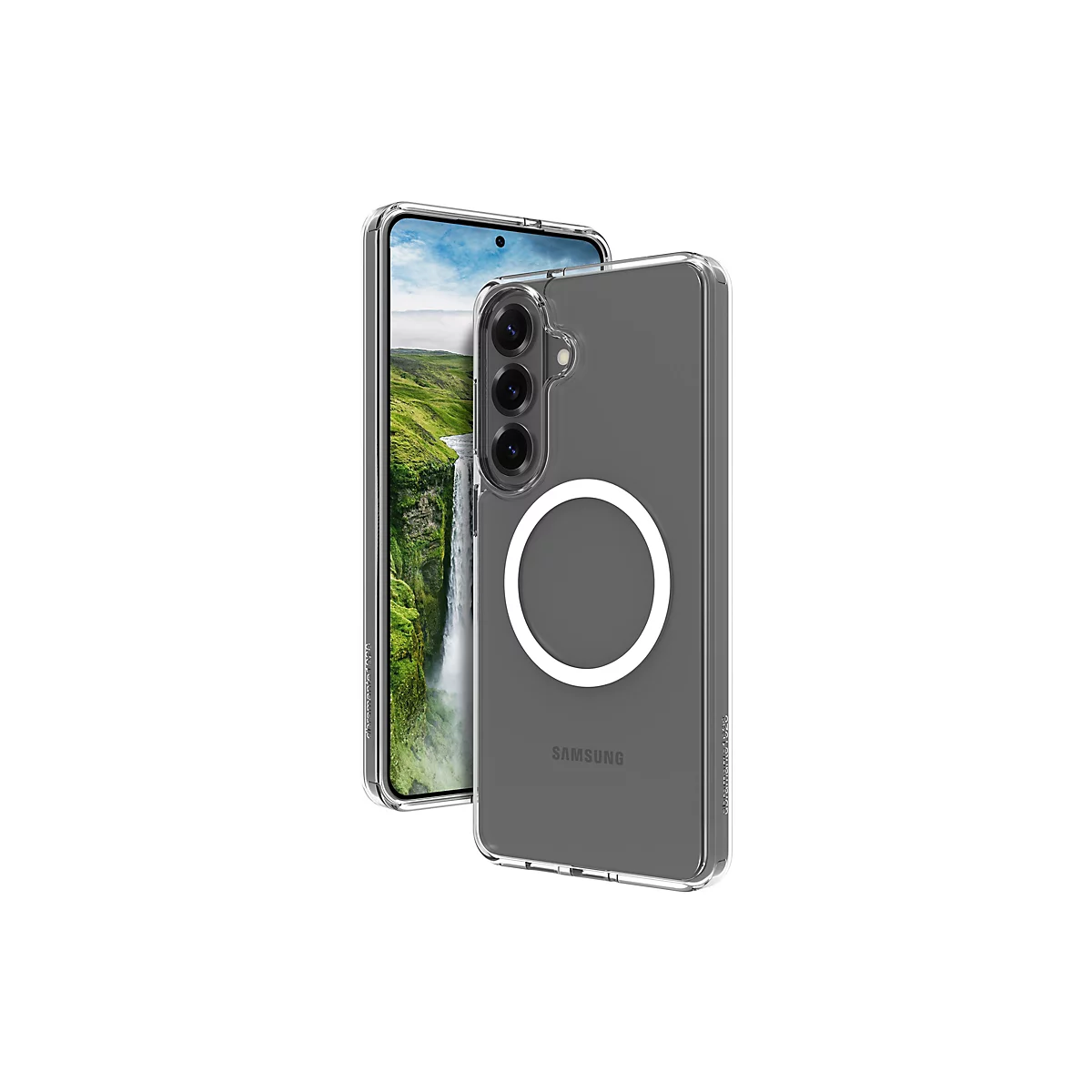 Ein Smartphone in einer transparenten Schutzhülle, vor einem Wasserfall-Hintergrund. Auf der Hülle ist ein weißer Kreis zu sehen.