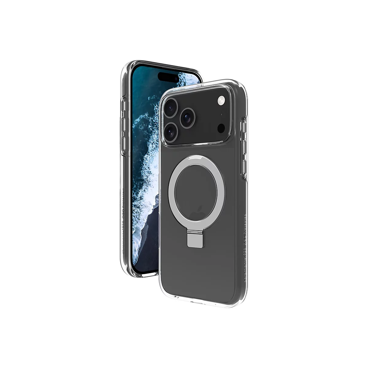 Ein iPhone mit Hülle auf weißem Hintergrund. Die Hülle ist transparent und besitzt einen MagSafe-Ring.