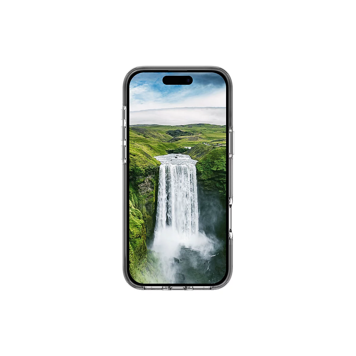 Smartphone, das ein Wasserfall-Landschaftsfoto zeigt. Das Telefon ist in einer durchsichtigen Hülle, vor weißem Hintergrund.