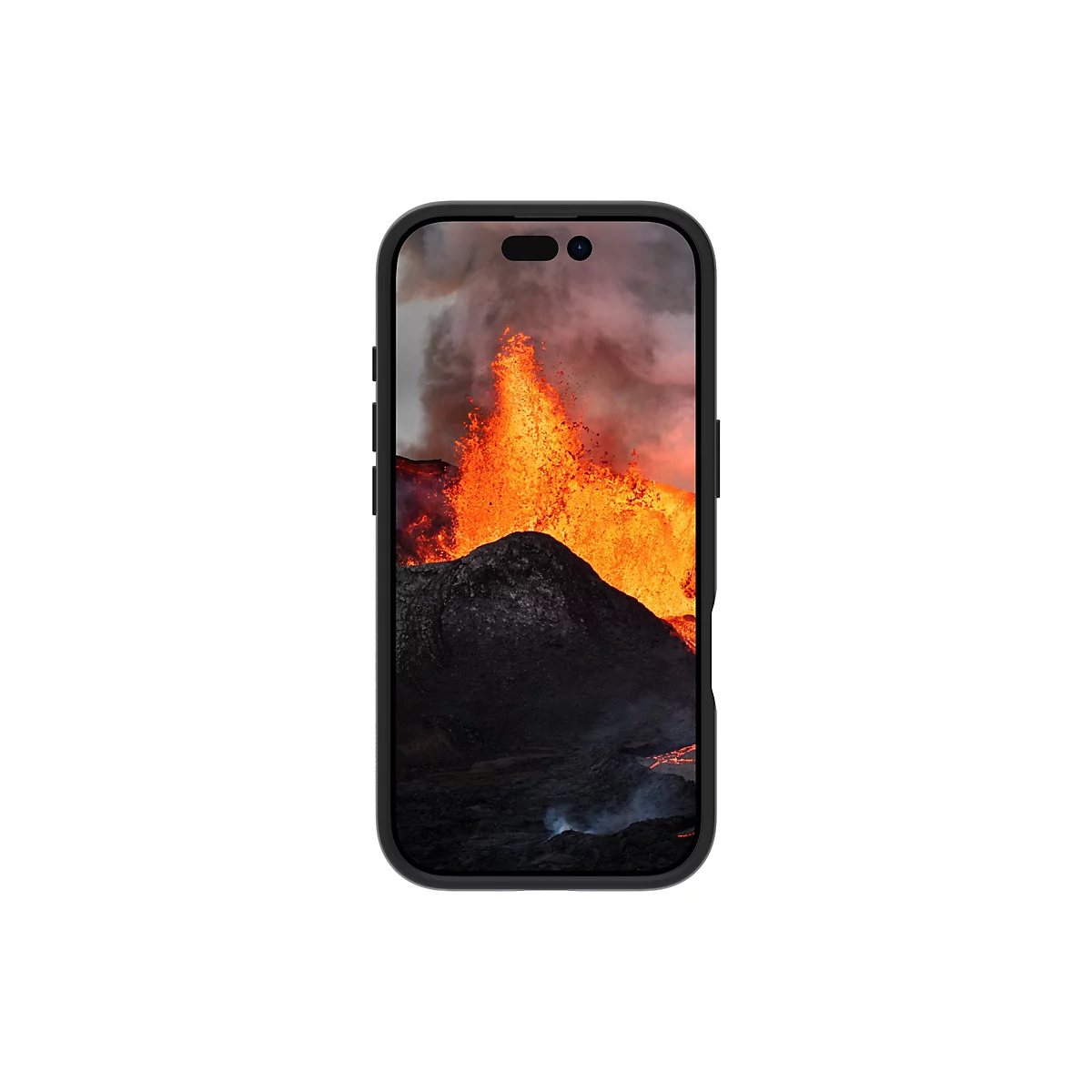 Schwarzes Smartphone mit Schutzhülle, auf dem ein Vulkan mit Lavaausbruch zu sehen ist. Der Vulkan ist hellorange und rot, der Hintergrund ist grau.