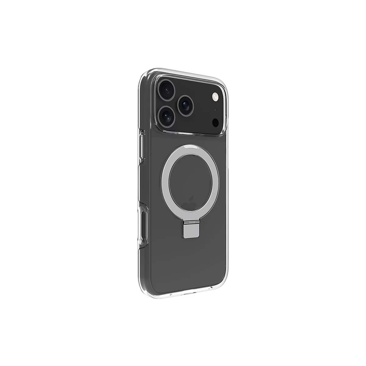 Ein graues iPhone Case mit transparenten Kanten, das einen runden magnetischen Halter und eine Kameraeinheit zeigt.