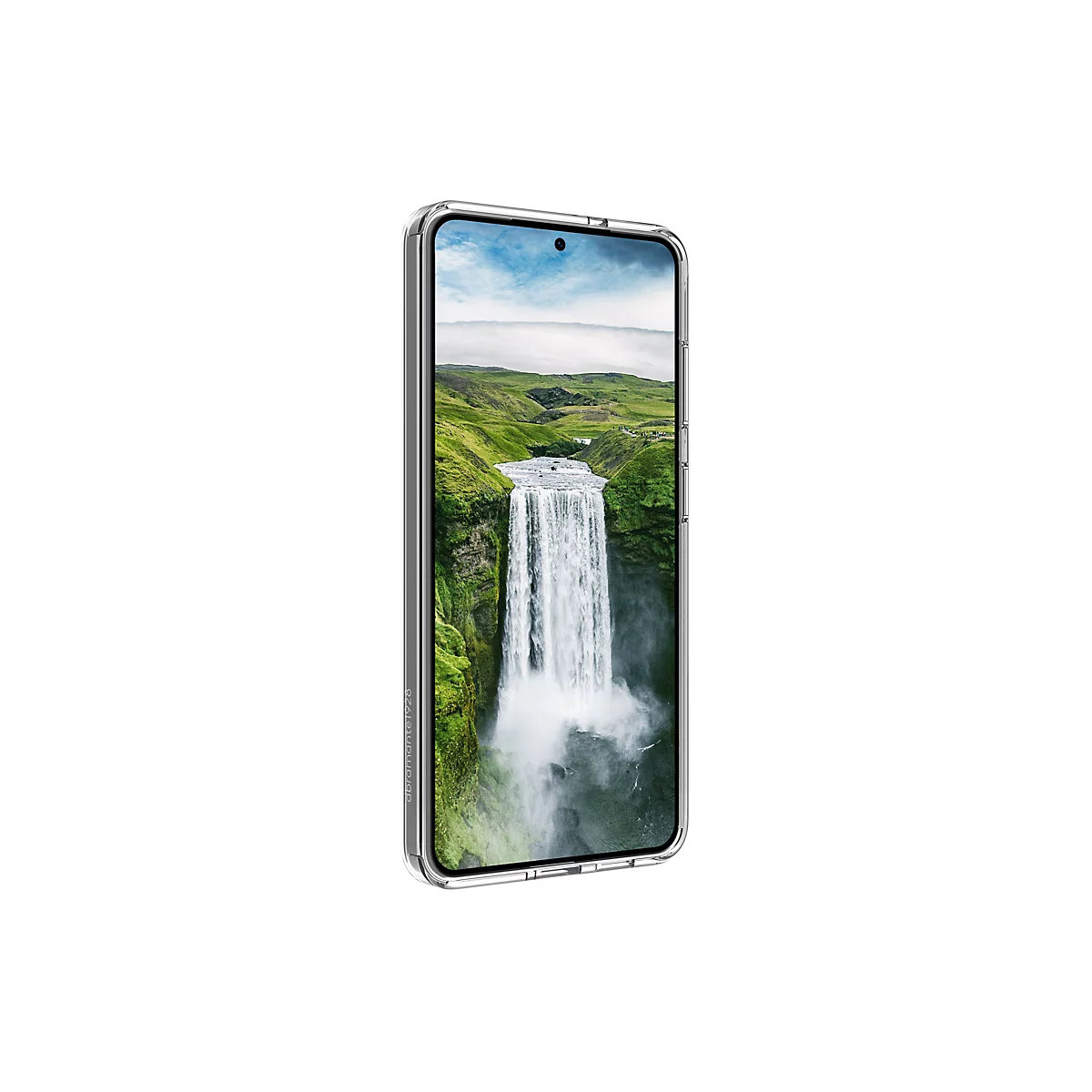 Smartphone in transparentem Case, auf dem Display ein Wasserfall-Landschaft. Der Hintergrund ist weiß.