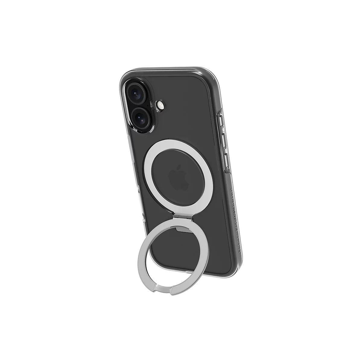 Ein durchsichtiges Handycase mit Magnetring und iPhone. Das Case mit Ring ist silberfarben und aufgestellt.