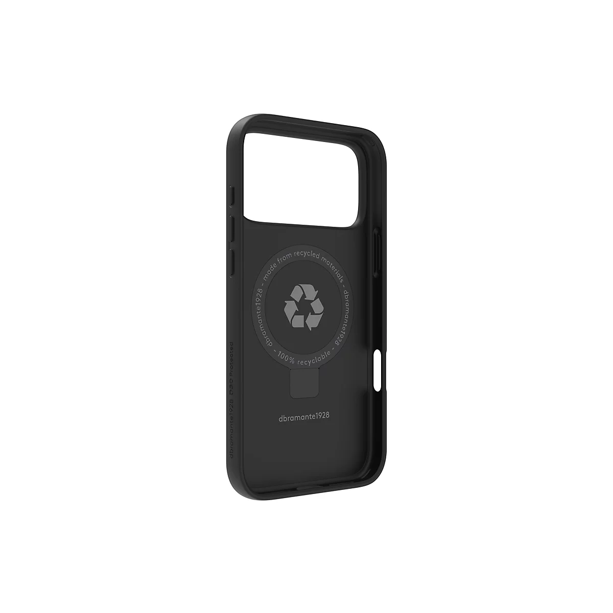 Schwarze Handyhülle für Smartphones, innen Details mit dem Schriftzug "dbrante1928 - made from recycled materials - 100% recyclable".