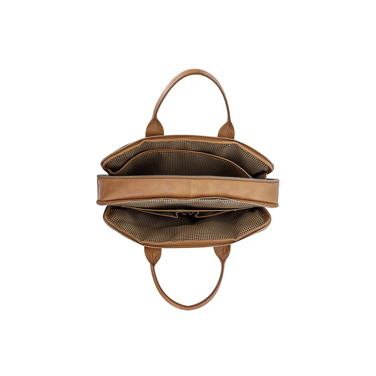 Offene, hellbraune Ledertasche, Innenfutter mit kleinem Karomuster. Zwei Henkel.