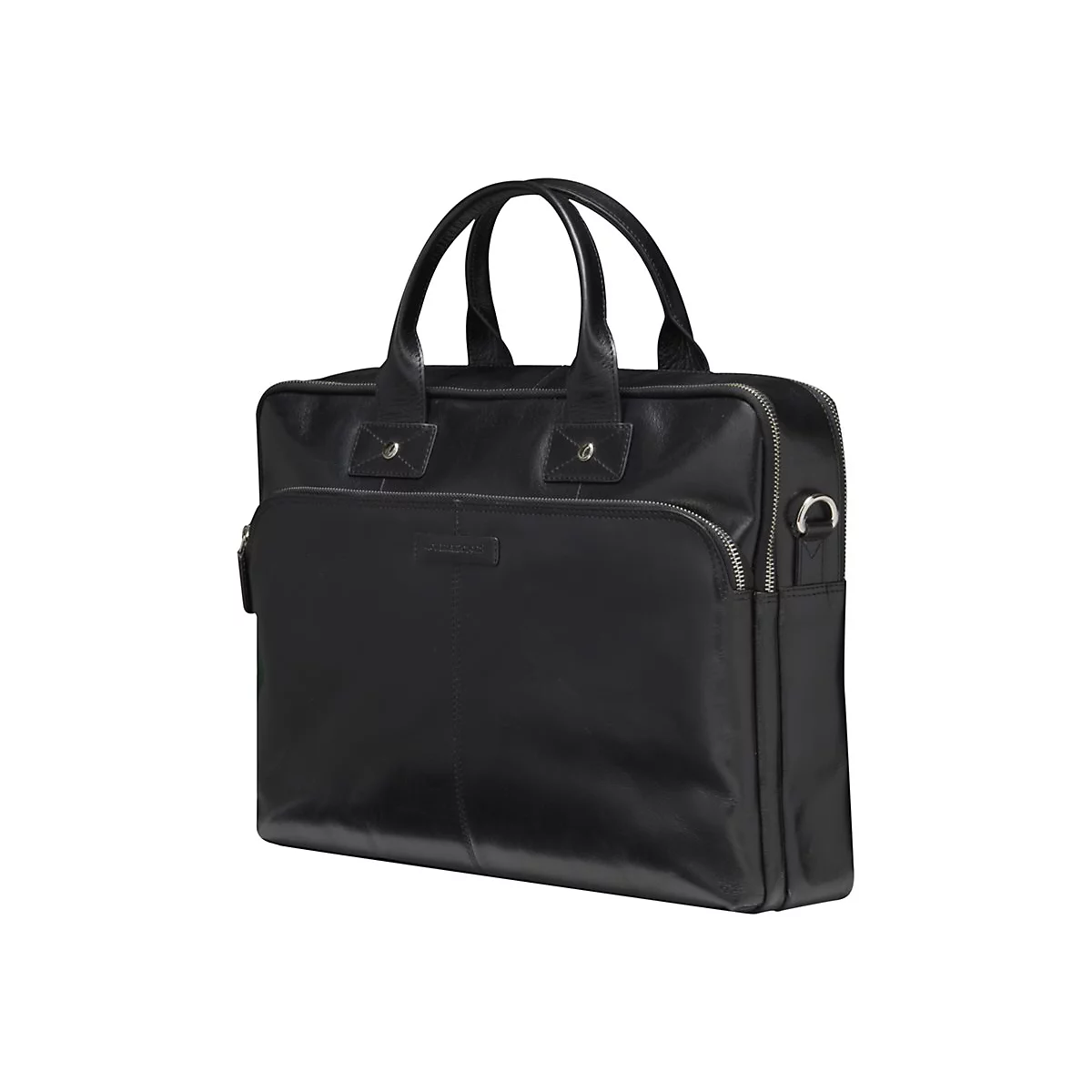 Schwarze Ledertasche mit Henkeln und Reißverschluss, auf weißem Hintergrund.