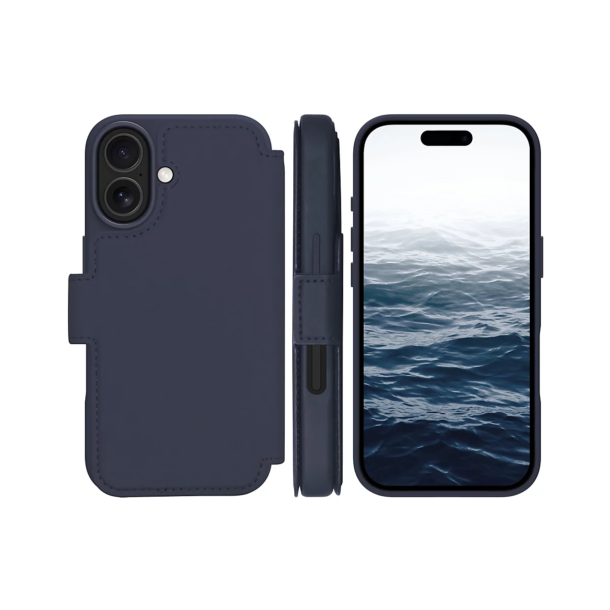 Dunkelblaues Handy-Case mit einem Smartphone, das einen Ozean als Bildschirmhintergrund zeigt. Rechts das Telefon, links die Case-Seiten.