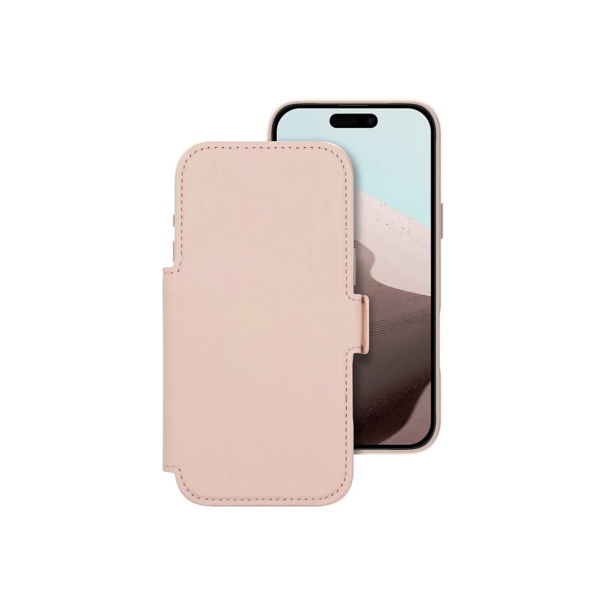 Hellrosa iPhone Hülle im Etui-Design, daneben ein iPhone. Auf der Hülle ist der Schriftzug "dbrimonte1928" zu sehen.