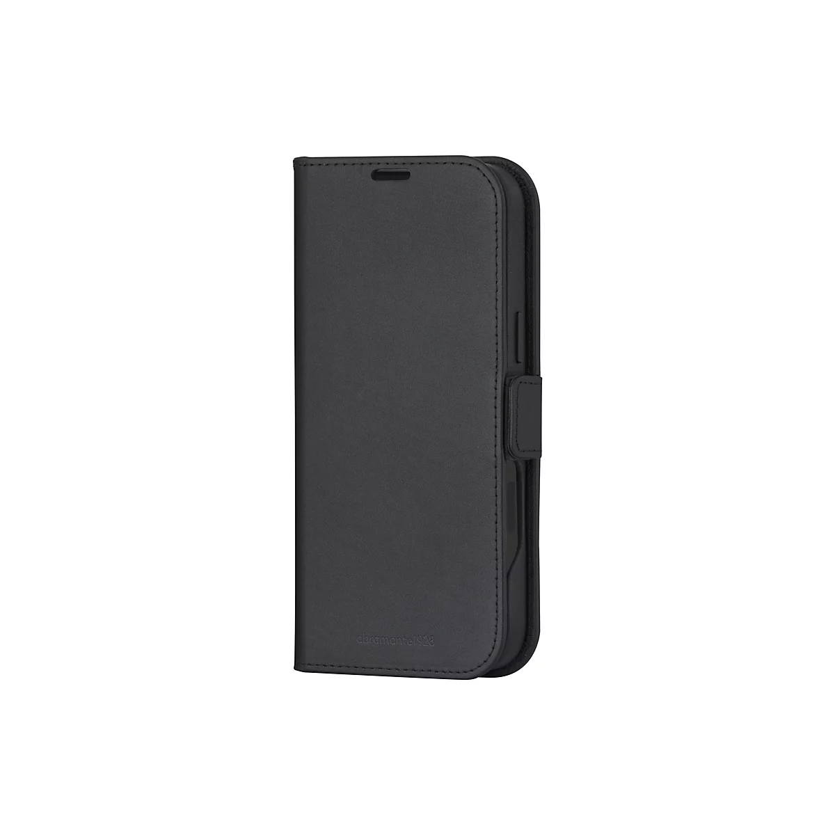 Étui de téléphone noir à rabat, côté ouvert. Le logo "dbramante1928" est visible en bas à droite.
