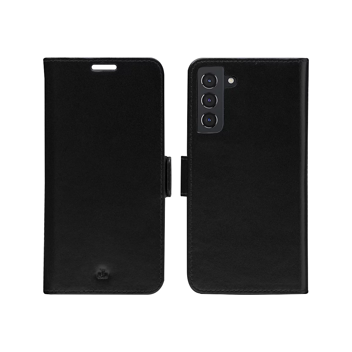 Schwarzes Handy-Etui, geschlossen. Auf der Rückseite ist ein Kamera-Modul zu sehen, auf der Vorderseite ein Logo.