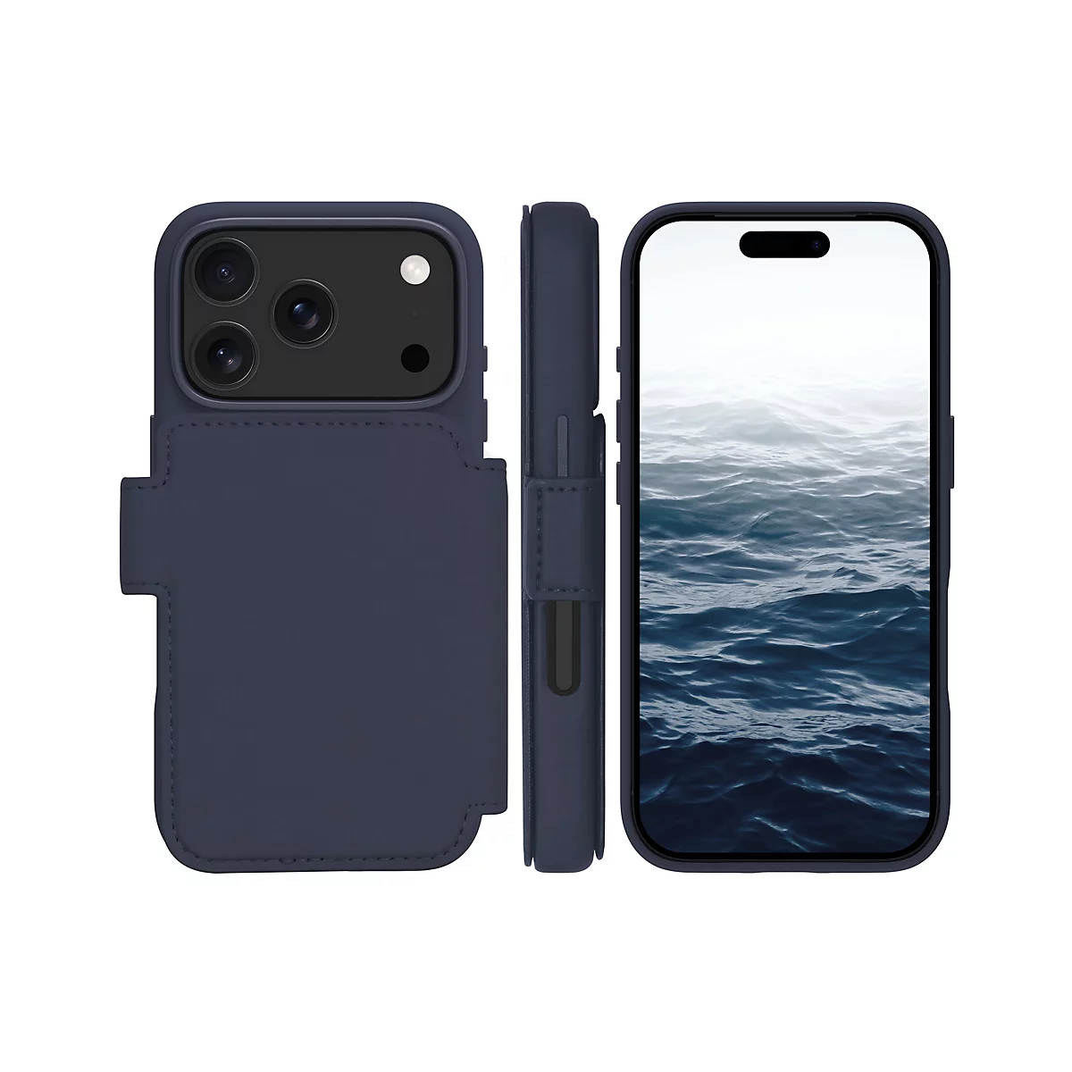 Dunkelblaues iPhone-Etui in drei Ansichten, mit Kartenfach und offenem Display mit Wasser-Hintergrund.