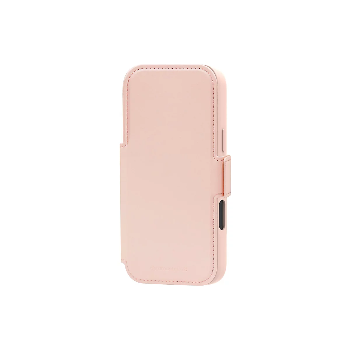 Hellrosa Handyhülle aus Leder mit geprägtem Logo. Die Hülle ist für Smartphones konzipiert.