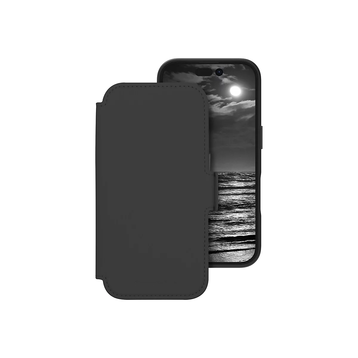 Schwarzes Handy mit Hülle, zeigt eine Mondlandschaft. Aufgeklappte Hülle. Weißer Hintergrund.