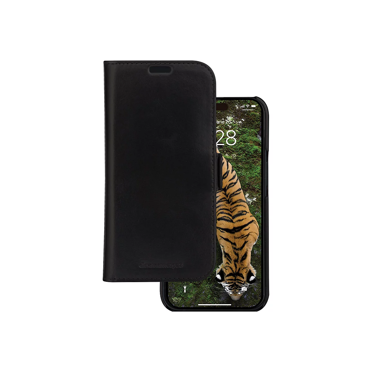 Schwarze Handyhülle mit Klappe, ein Handy zeigt das Hintergrundbild eines Tigers. Auf dem Display ist das Datum 28. Juni angezeigt.