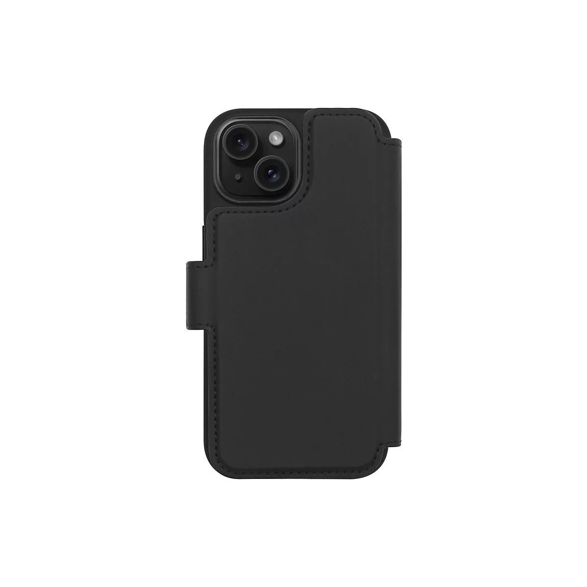 Schwarze Handyhülle mit Klappe, auf weißem Hintergrund. Die Rückseite mit Kameraausschnitt ist sichtbar.
