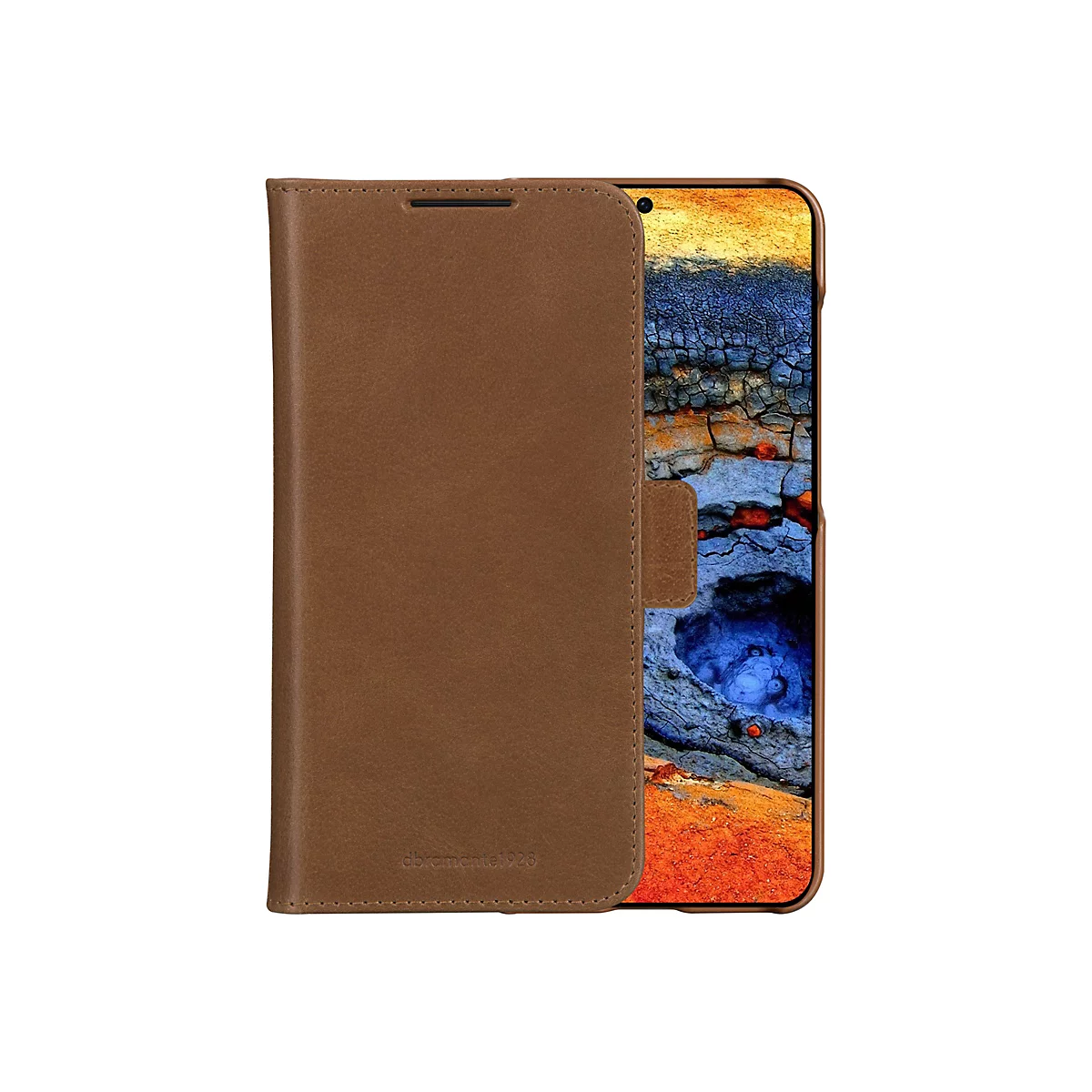Étui de téléphone marron en similicuir avec un écran ouvert. L'inscription "dbrcmante1928" est visible sur l'étui.
