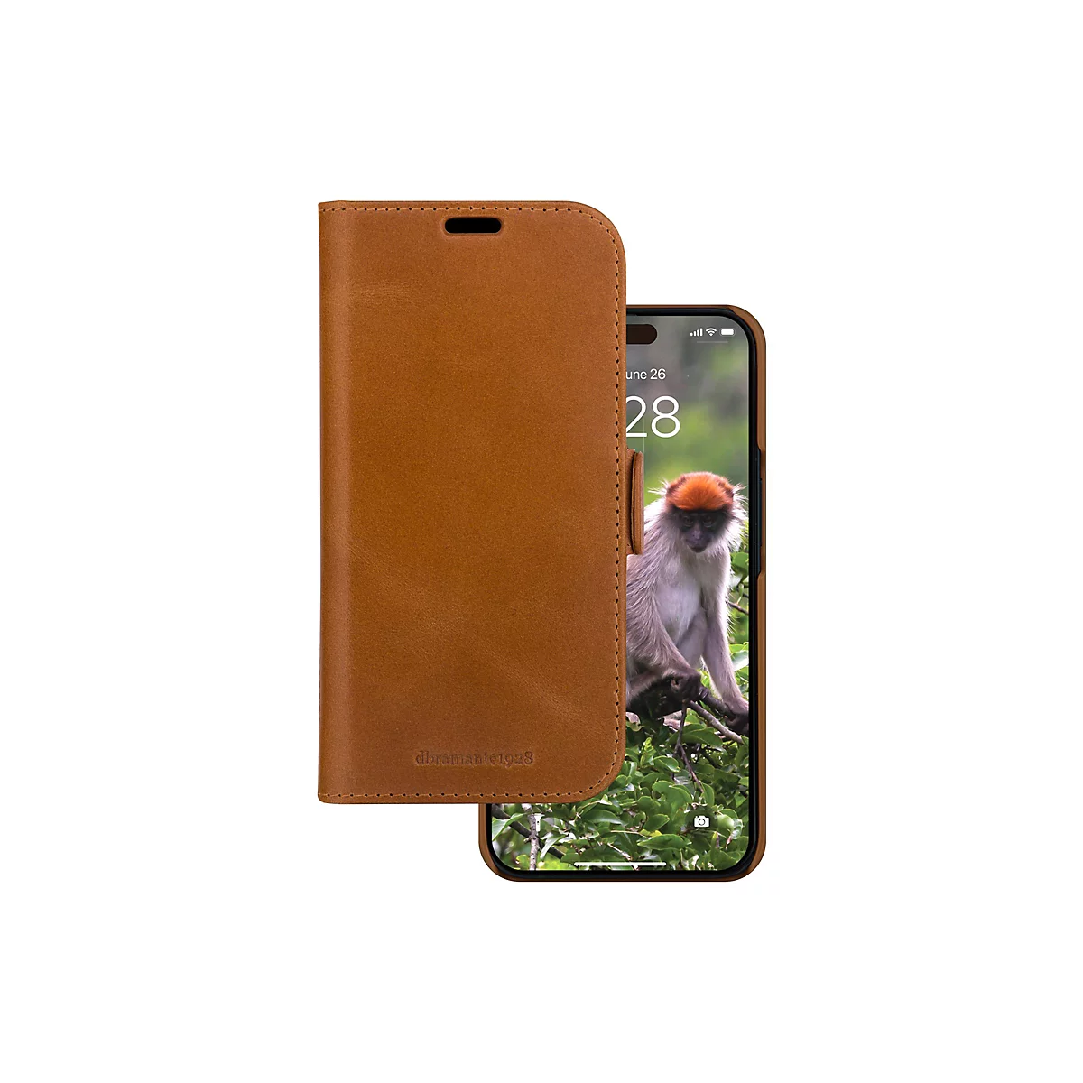 Hellbraune Lederhülle für ein Smartphone, links daneben geöffnet, auf dem Display ein Affe im Urwald.