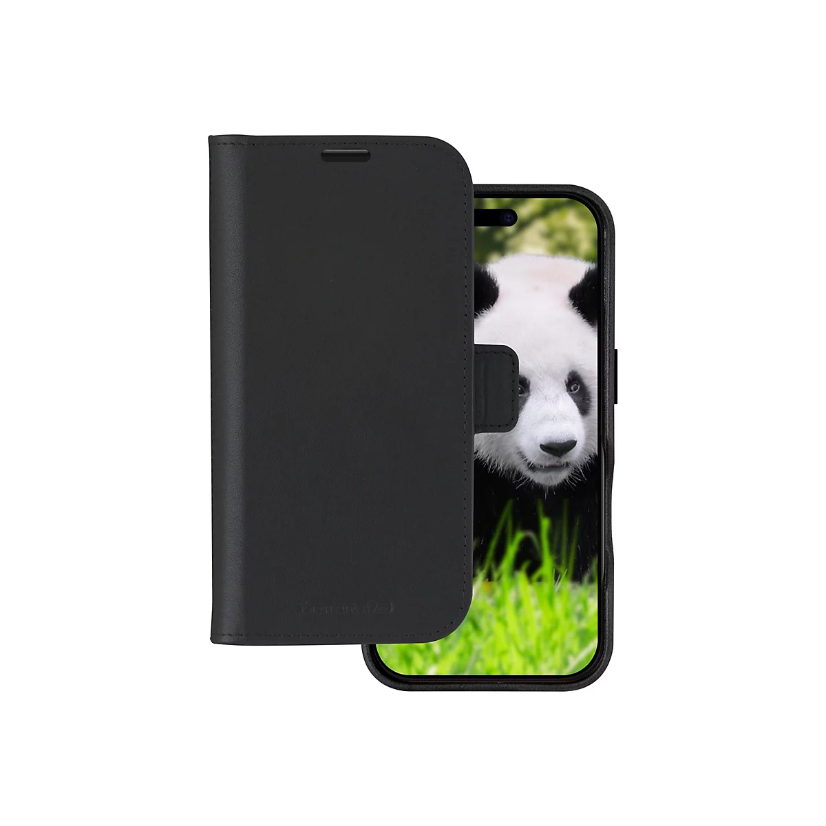 Étui de téléphone noir avec smartphone, sur l'écran duquel on peut voir un panda.