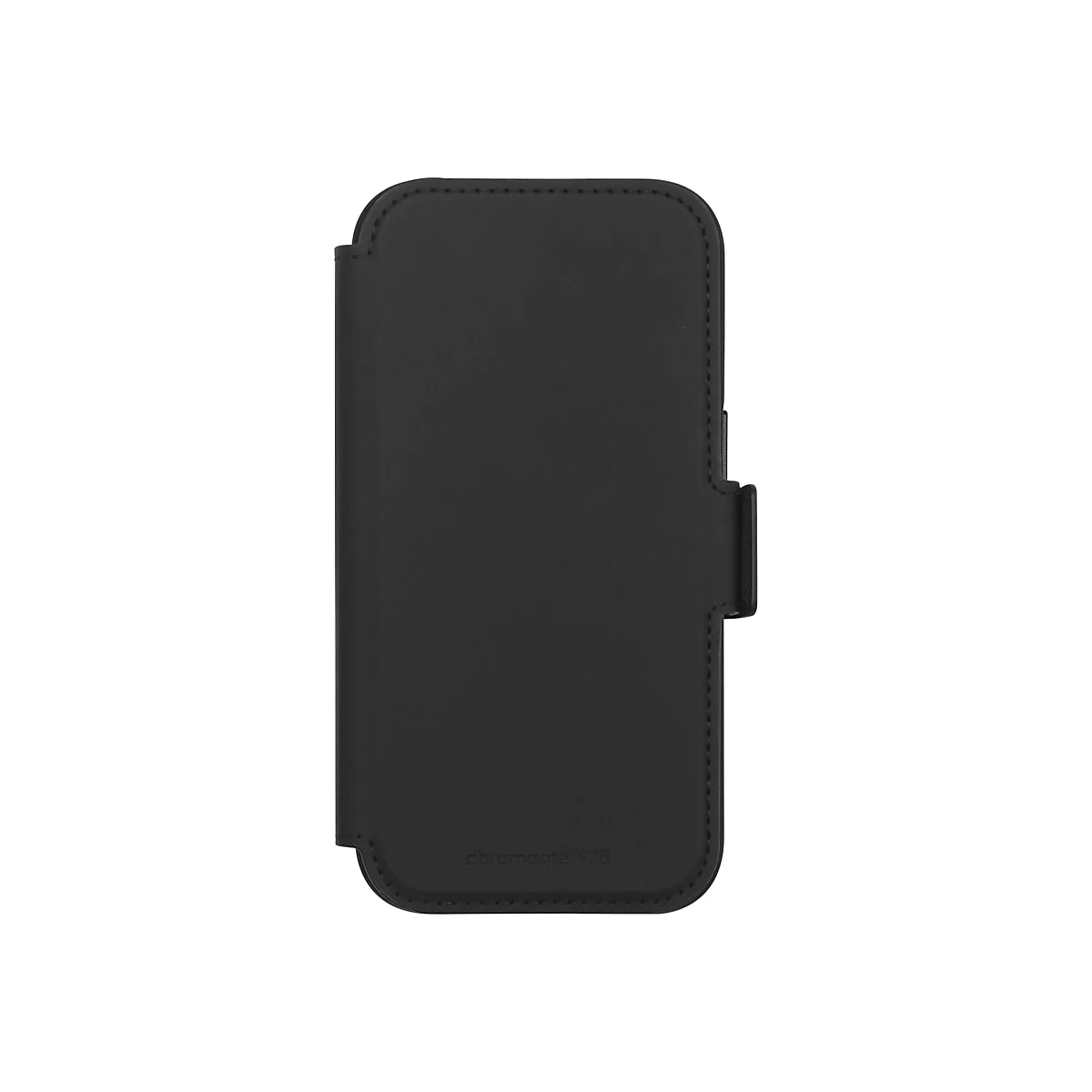 Schwarze Handyhülle aus Leder mit Klappverschluss. Unten steht „dbrarmante1928".