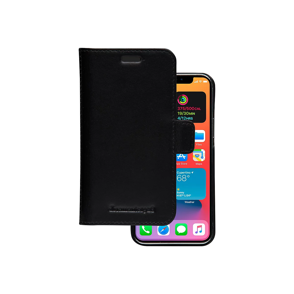 Schwarze Leder-Handyhülle, teilweise geöffnet, mit einem iPhone, auf dem der Startbildschirm mit App-Icons und Wetterdaten zu sehen ist.