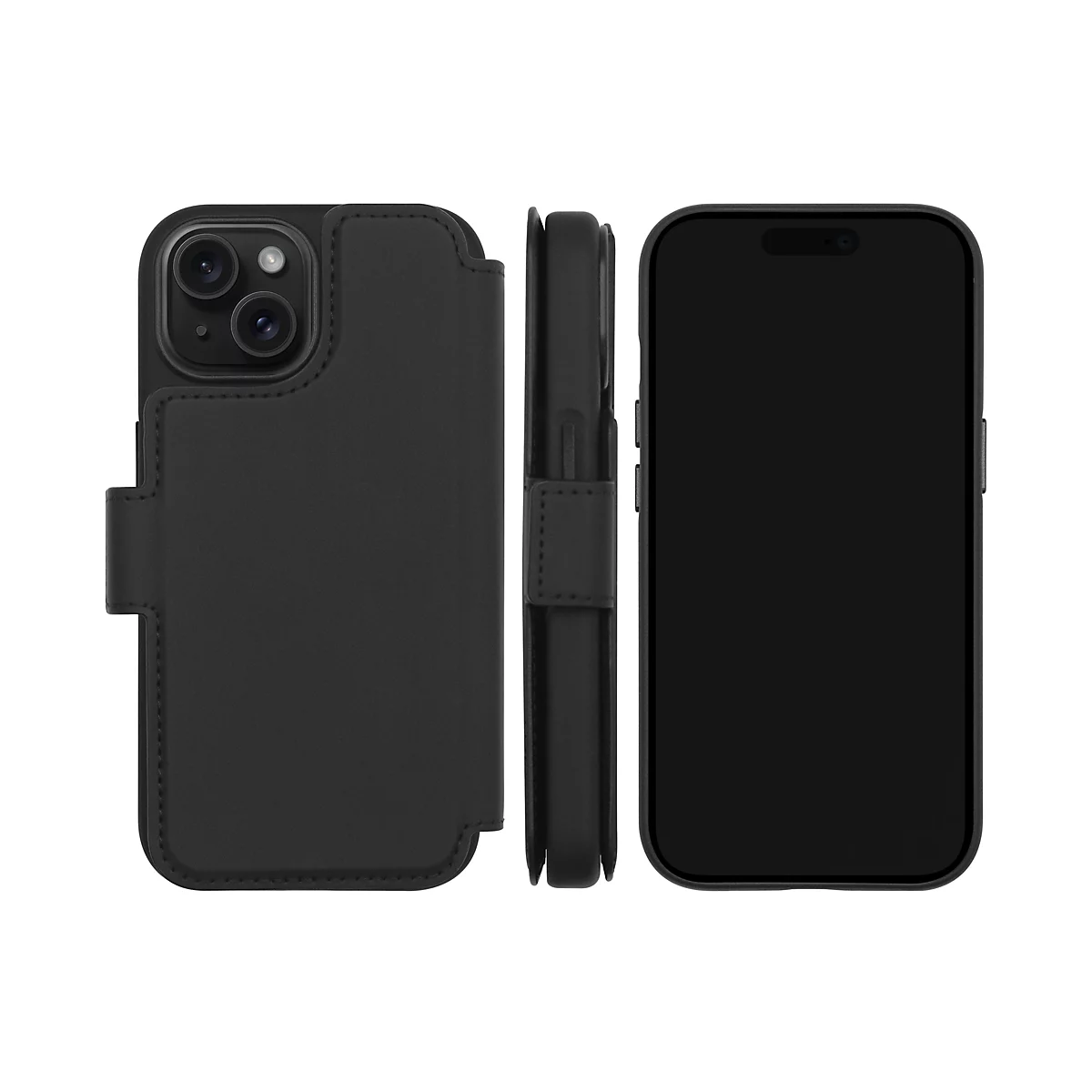 Schwarzes iPhone mit Lederhülle, von drei Seiten abgebildet. Offene Hülle mit Kartenfächern.