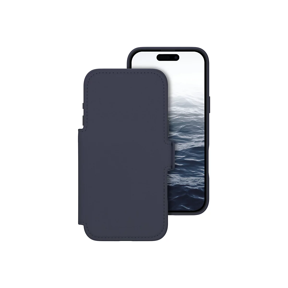 Dunkelblaue Handyhülle mit Klappfunktion, die ein Smartphone umschließt. Auf dem Display ist eine Wasserlandschaft zu sehen.