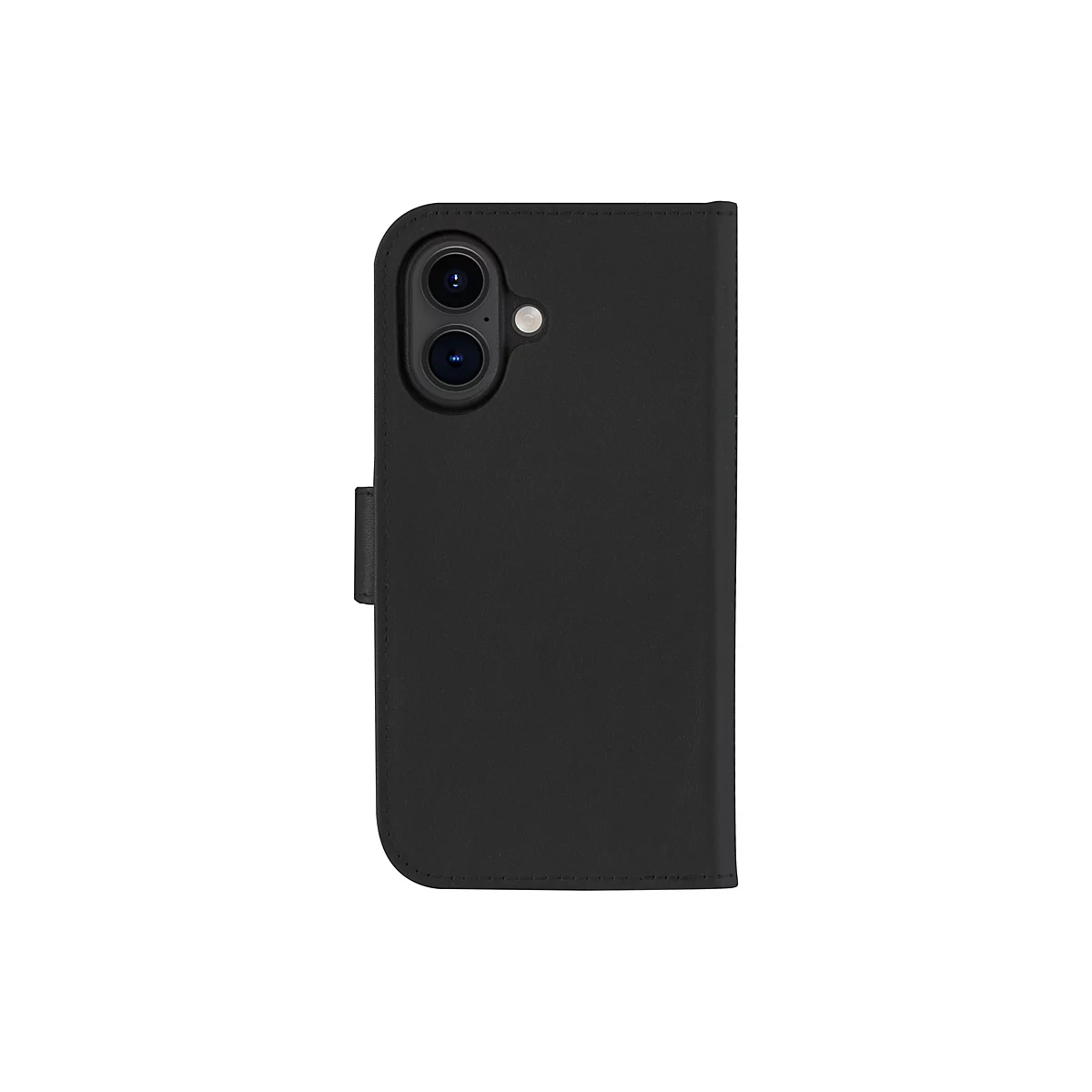 Coque de téléphone noire avec découpe pour appareil photo, fermée sur fond blanc.