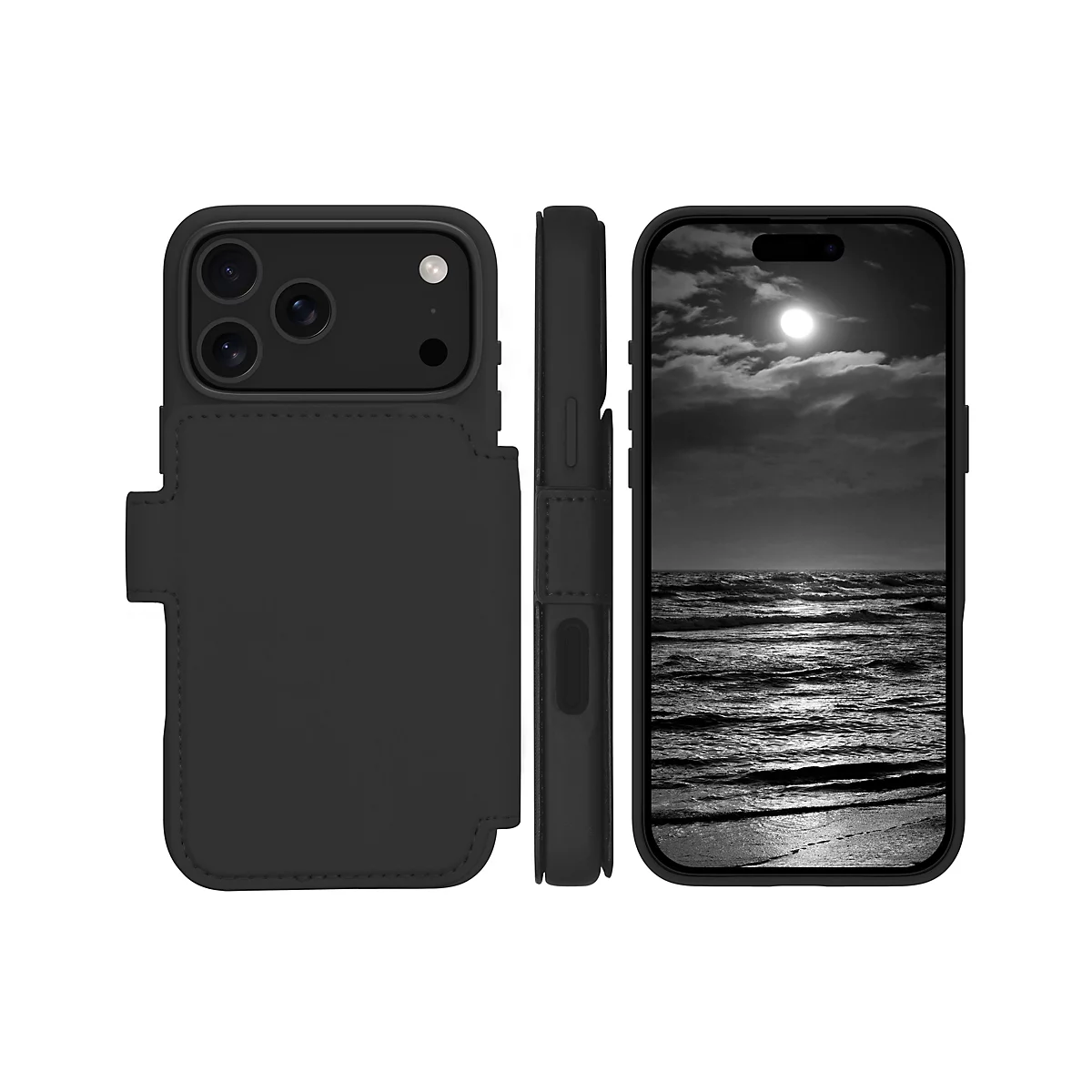 Schwarzes iPhone mit Hülle in drei Ansichten, Display mit Strandmotiv.