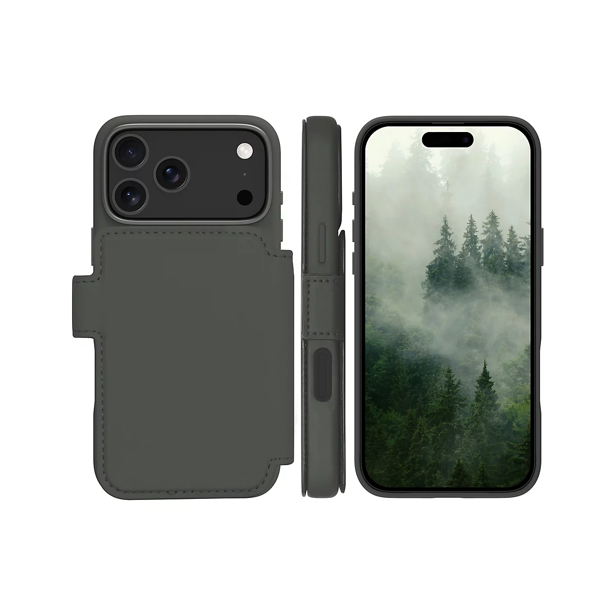 Ein graues Handy-Case mit geschlossenem Klappdeckel und eingelassenem Smartphone mit Waldlandschaft auf weißem Hintergrund.