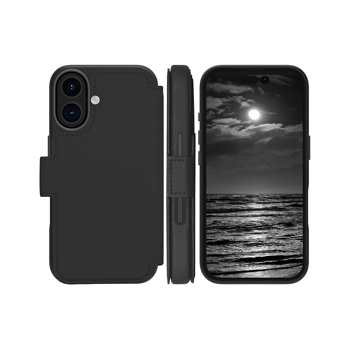 Schwarzes Handy mit Lederhülle, Dreiviertelansicht. Der Bildschirm zeigt eine schwarz-weiß Landschaft mit Meer, Himmel und Mond.