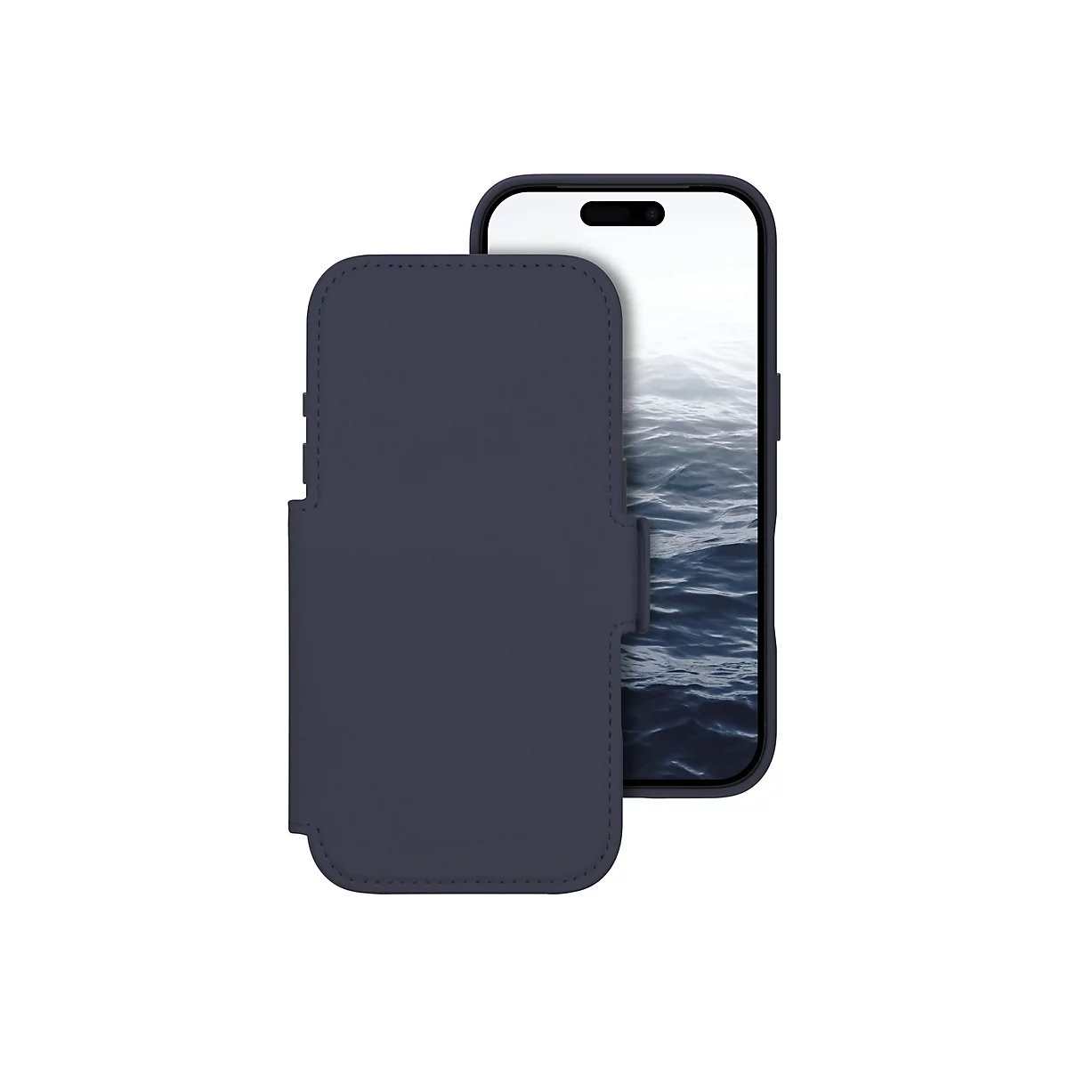 Ein dunkelblaues Leder-Handycase, das ein iPhone umschließt. Auf dem Bildschirm ist eine Wasserlandschaft zu sehen.
