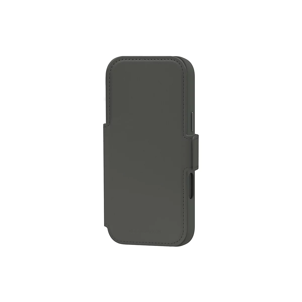 Graue Smartphone-Schutzhülle aus Leder. Genähte Ränder, die Marke ist unten rechts zu sehen.