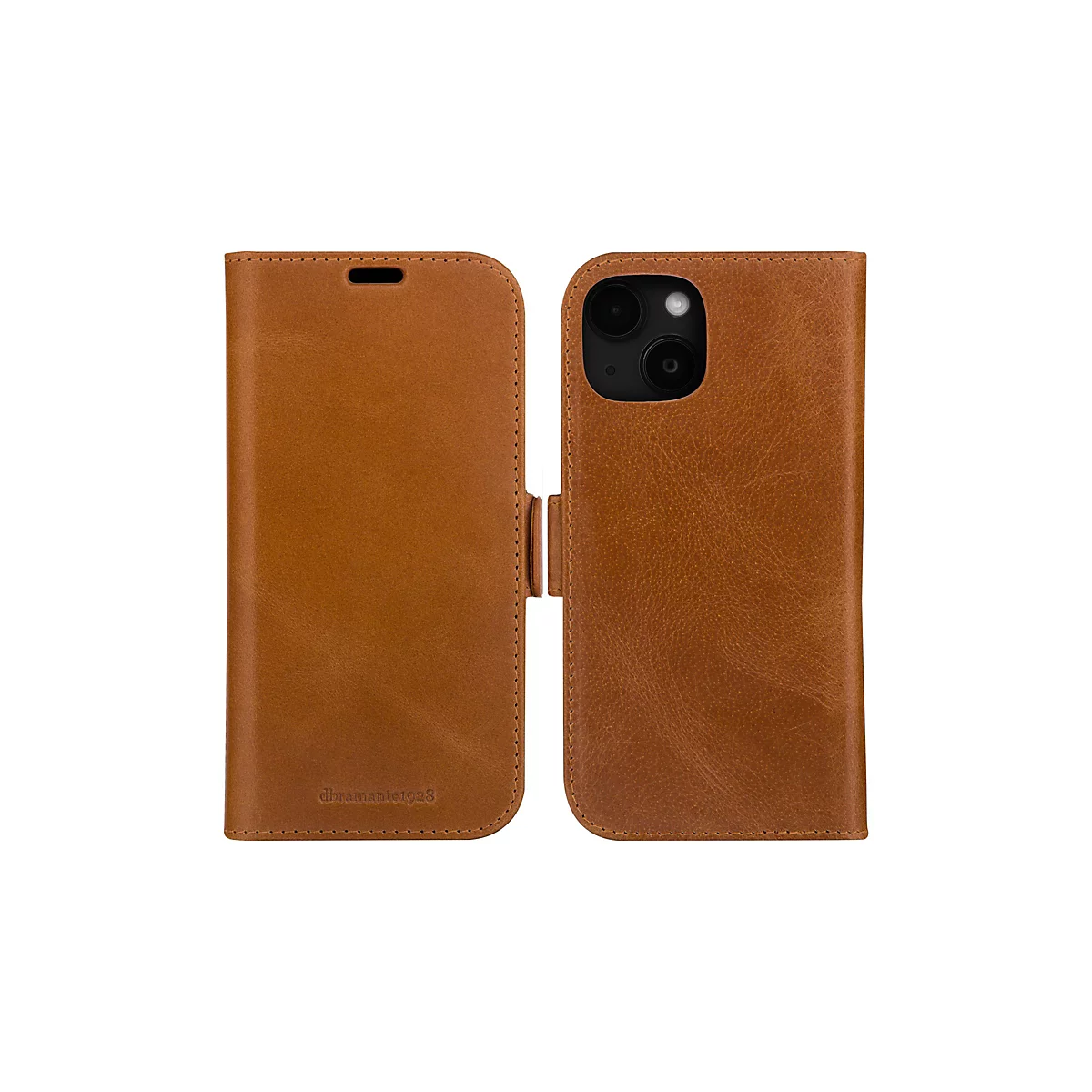 Hellbraune Lederhülle, aufgeklappt, für ein Smartphone. Rechte Seite mit Kamera, linke Seite mit Branding.