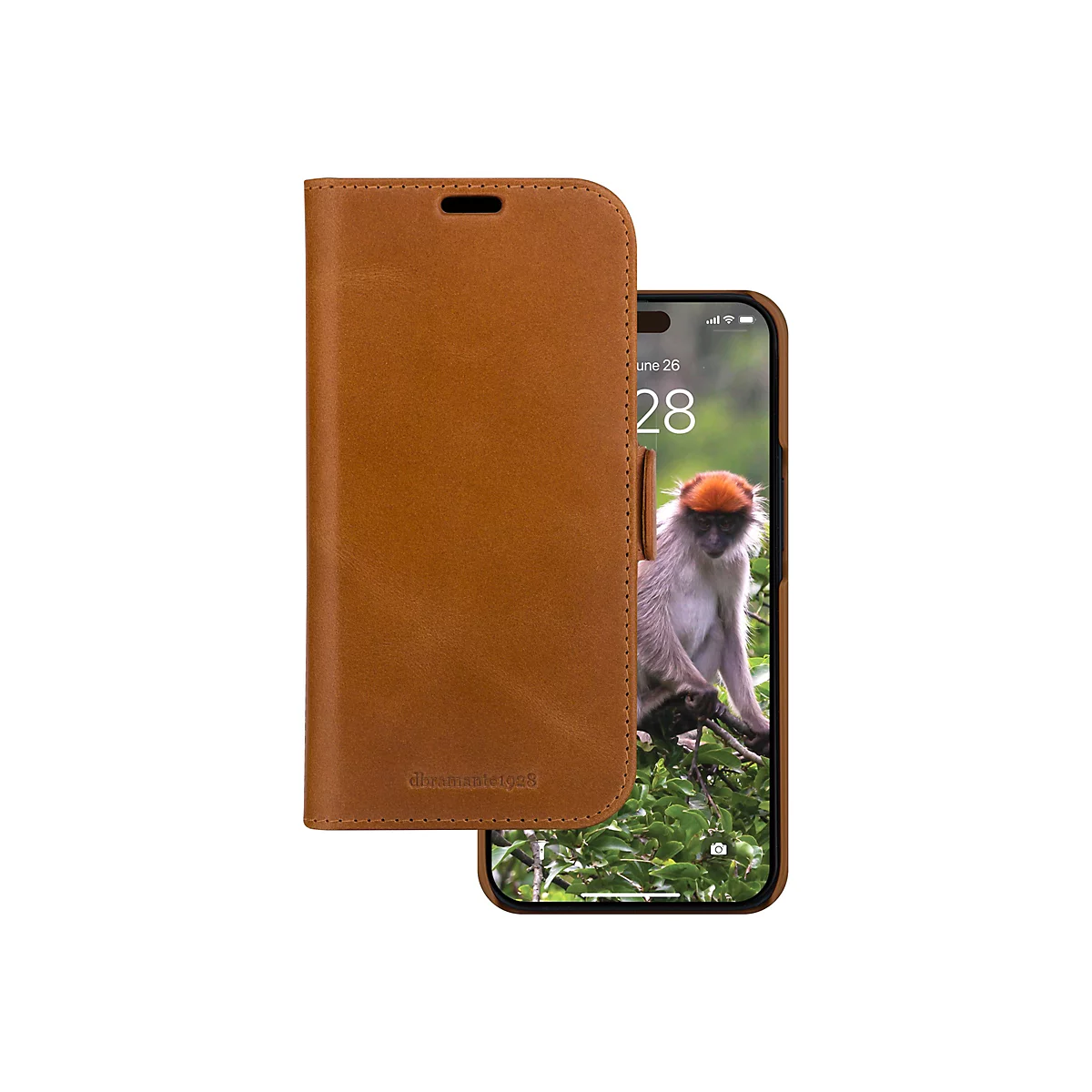 Hellbraune Lederhülle für ein Smartphone, offen neben dem Smartphone. Auf dem Display ist ein Affe zu sehen. Auf der Hülle ist der Schriftzug 'dbrante1928' geprägt.