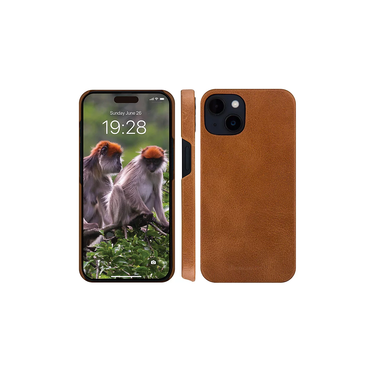 Ein iPhone mit brauner Lederhülle, das Display zeigt Affen. Der 26. Juni, 19:28 Uhr. Rechts die Seite der Hülle, links die Ansicht von vorne.