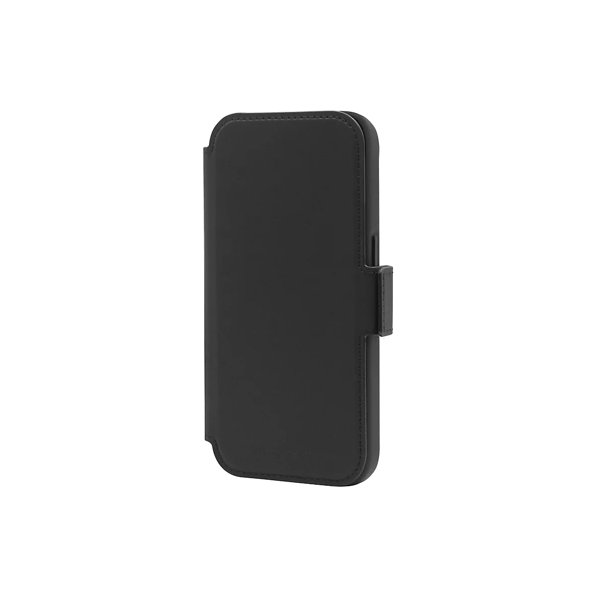 Schwarze Handyhülle mit Klappfunktion, mit Steppnähten und Magnetverschluss.